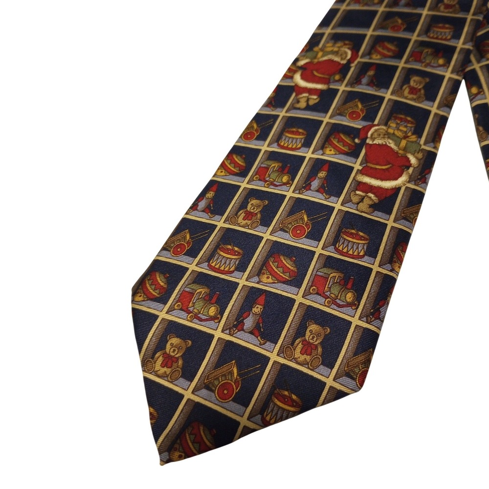 Club Room Mens Silk Christmas Tie Santa Claus Toy Shelf Navy Blue Made in USA